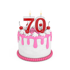70 Year Birthday Concept. Abstract Birthday Cartoon Dessert Cherry Cake with Seventy Year Anniversary Candle. 3d Rendering