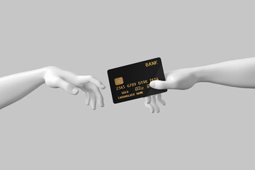 Hand to Hand. Abstract Imitation of Michelangelo's the Creation of Adam. The Hand of God Gives the Hand of Adam a Golden Credit Card. 3d Rendering - obrazy, fototapety, plakaty