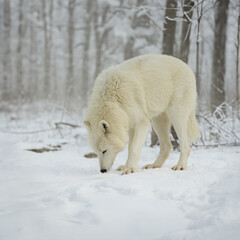 White wolf sniffs out its prey in the forest
