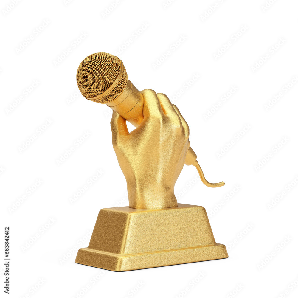 Poster golden music award trophy in shape of hand with microphone. 3d rendering