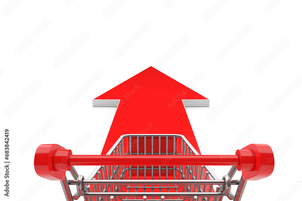 Poster buying concept. shopping cart trolley over go forward arrow sign. 3d rendering