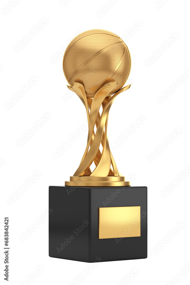 Sticker golden award trophy with golden basketball ball. 3d rendering