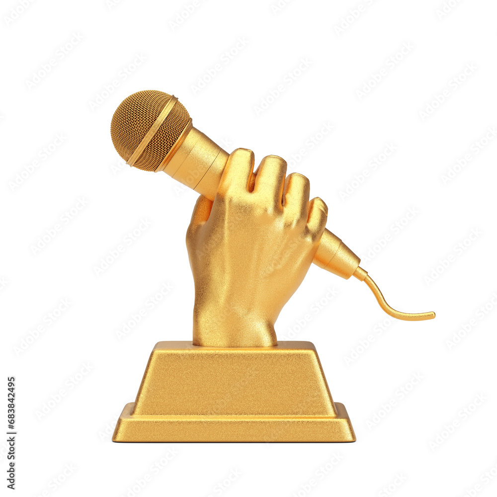 Poster golden music award trophy in shape of hand with microphone. 3d rendering