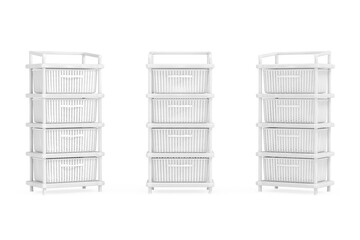 White Storage Tower with Wicker Weave Baskets in Clay Style. 3d Rendering