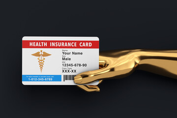 Plastic Health Insurance Card in Golden Abstract Hand. 3d Rendering