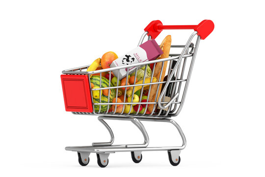 Shopping Cart Trolley Full of Groceries. 3d Rendering