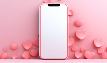 Mobile phone with white screen on pink background with hearts. Social distancing and dating concept, Valentine's Day layout. Copy space on display. Close up. Generative Al..