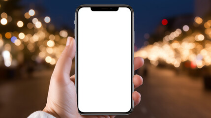 Woman  hand holds mobile phone with white screen on blurred background with bokeh lights.Concept for Christmas or New Year gift, online shopping. Close up. Generative Al..