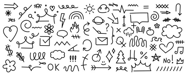 Fototapeta na wymiar Sketch line elements collection. Hand drawn doodle sketch style icons. Hand dravn linear icons.