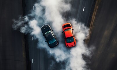 Aerial view two cars drift battle view from above, Activity two cars drift action battle on asphalt race track with abstract smoke, Generative AI 