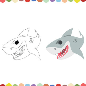 vector shark cartoon character with its doodle outline surfing