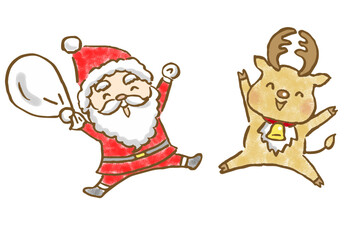 ジャンプしている笑顔のサンタクロースとトナカイの手描きイラスト