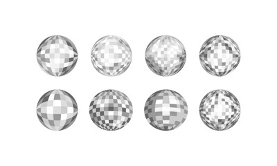 Set of silver disco balls. Vector flat illustration on isolated background. Party celebration mirror spheres
