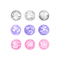 Set of various disco balls. Festival mirror spheres. Vector flat illustration