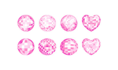Set of pink disco balls and hearts. Vector flat illustration of disco mirror spheres. Festival, party clipart	