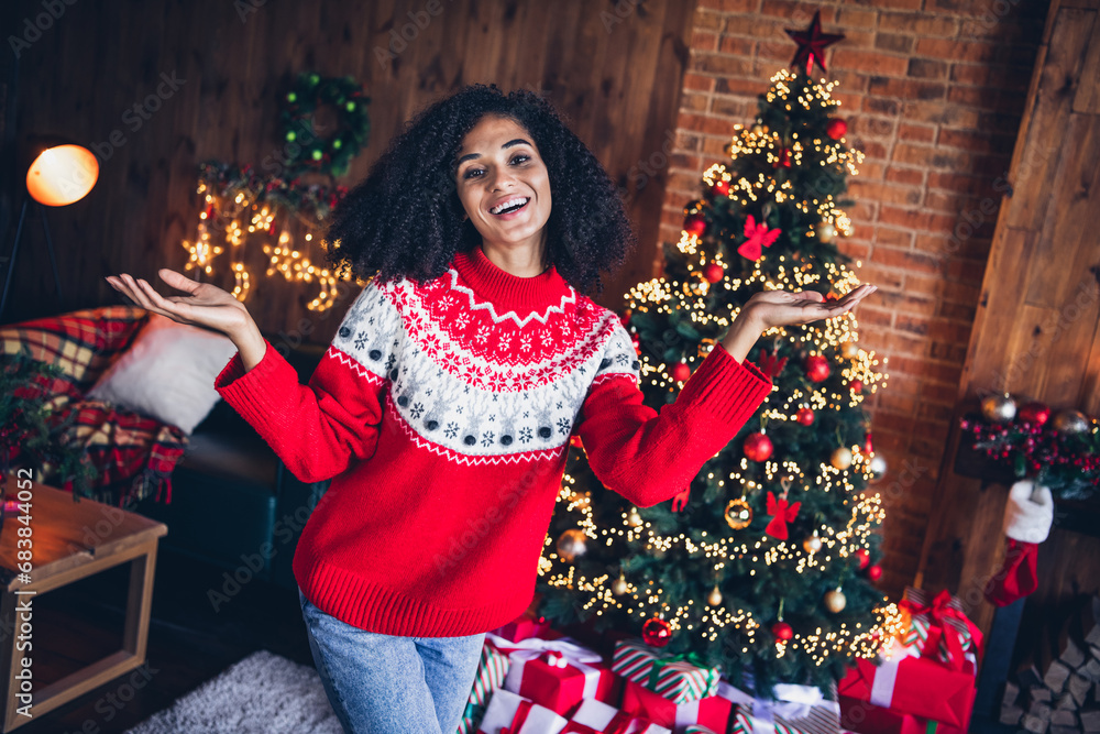 Sticker portrait of friendly positive girl raise hands congratulate christmas decorated evergreen tree garla