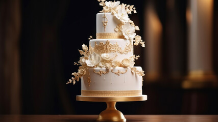 Wedding cake decorated with gold ornaments and flowers.