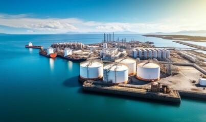 Aerial view oil treminal with storage tank farm, offshore oilrig, tanker and port, land oil rig, refinery plant, factory, gas station, Business petroleum fuel and gas transport, Generative AI  - obrazy, fototapety, plakaty