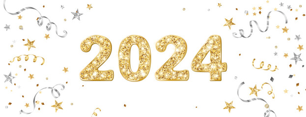  2024 golden glitter numbers. Happy new year banner. Background with gold and silver confetti. Flying ribbons and stars. Vector decoration. For Christmas and holiday headers, party flyers.