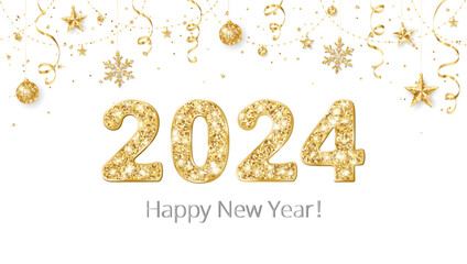 Obraz na płótnie Canvas Happy New Year banner. 2024 gold glitter numbers. Confetti, snowflakes and stars decoration. Golden celebration background. For Christmas holiday headers, party flyers. Vector illustration.