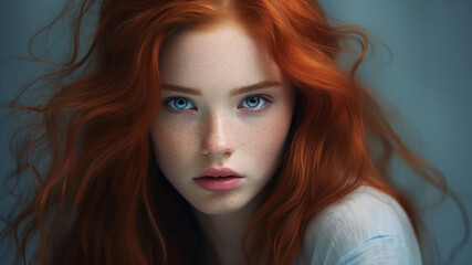 Fototapeta premium Close-up portrait of beautiful redhead girl with long hair.
