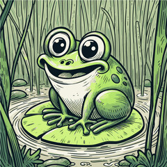 cute green frog with big eyes on a swamp in the reeds