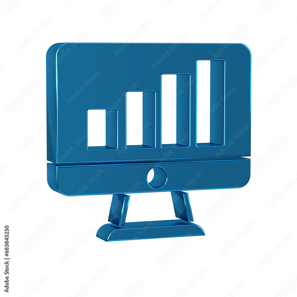Poster blue computer monitor with graph chart icon isolated on transparent background. report text file. ac