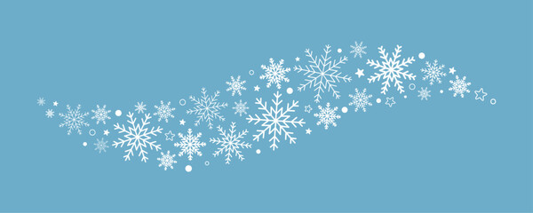 Curl of snowflakes. Snowflakes and stars in vector. Blizzard of snowflakes and stars.	