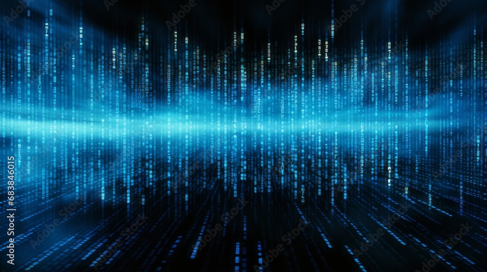 Poster binary code matrix: illuminated blue digital data on computer screen
