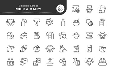 Set of line icons in linear style. Series - Milk and dairy products. Natural cow's milk and fermented milk product, cheese, cream, sour . Outline icon collection. Conceptual pictogram and infographic. - obrazy, fototapety, plakaty
