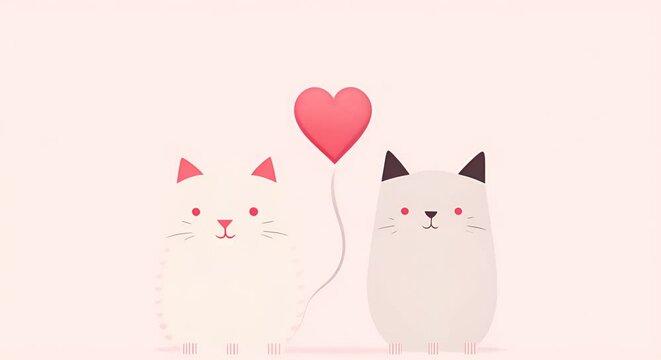 two romantic cats drawn in love and a heart on a string rising up. concept for Valentine's day, love, friendship, card and mother's day