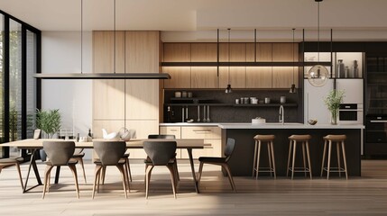 Minimalist interior design of kitchen with island, dining table and chairs