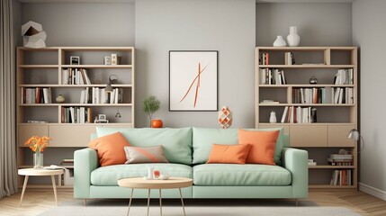 Mint sofa with orange pillows against bookcase. Home library. Scandinavian interior design of modern living room.