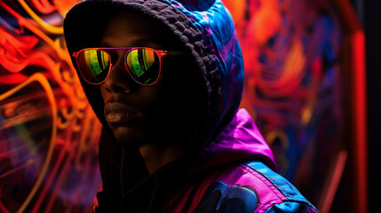 Vibrant backlit portrait of a street artist, colorful graffiti wall background, dynamic shadows on...