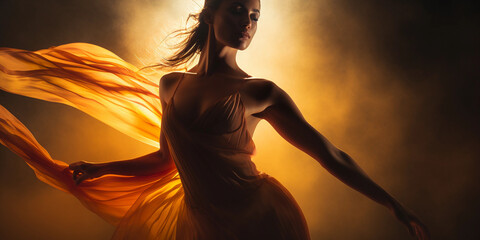 Artistic backlit portrait of a dancer, graceful pose captured, rim light outlining form, soft-focus background