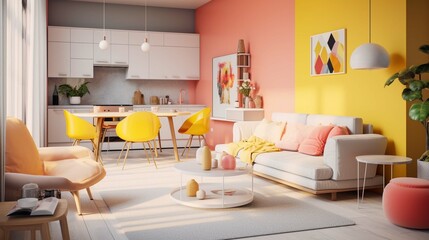 Playful interior design of studio apartment, modern living room and kitchen yellow, pink and cream color