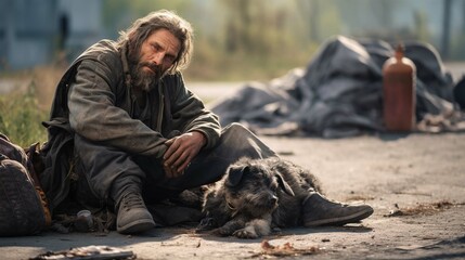 Poor homeless beggar sleeping on pathway floor in suffering of unemployment asking for help