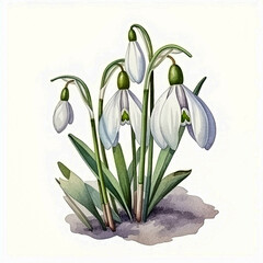 a group of primroses snowdrops in a clearing watercolor illustration