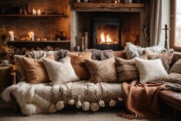 Fototapeta premium Rustic sofa with many pillows, knitted and fur blankets by fireplace. Warm and inviting autumn atmosphere. Farmhouse, nordic home interior design of modern living room.