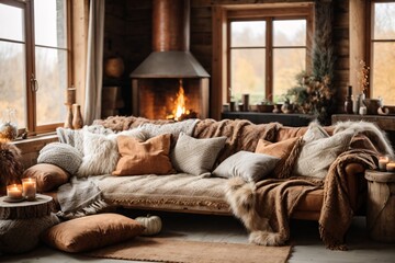Rustic sofa with many pillows, knitted and fur blankets by fireplace. Warm and inviting autumn atmosphere. Farmhouse, nordic home interior design of modern living room.