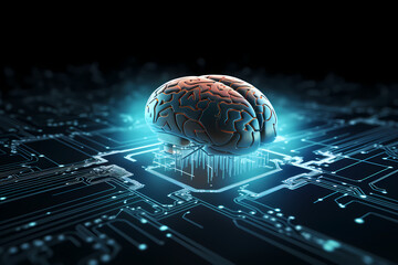Artificial intelligence represented as a human brain on a technology backround