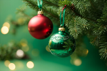 Obraz premium Elegant Christmas Decoration Ornaments, Close-Up Detailed Christmas Tree, on Blurred Plain Green Background with Bokeh, Super Resolution.
