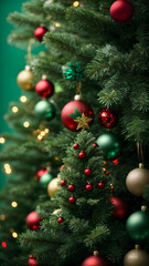 Elegant Christmas Decoration Ornaments, Close-Up Detailed Christmas Tree, on Blurred Plain Green Background with Bokeh, Super Resolution.