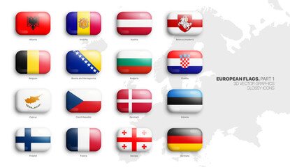 All Official Flags of European Countries 3D Vector Rounded Glossy Icons Set Isolated On White Background Part 1. Insignia of Europe Bright Vivid Colour Shiny Bulging Buttons Design Elements Collection