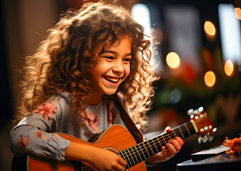 Fototapeta na wymiar Joyful girl learning to play the guitar, image for advertising music courses