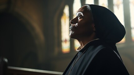 Middle aged African American nun praying in catholic church.