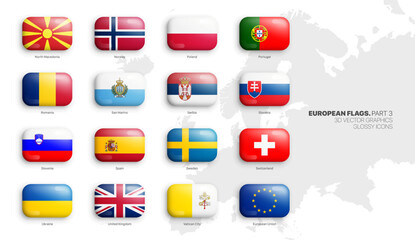 All Official Flags of European Countries 3D Vector Rounded Glossy Icons Set Isolated On White Background Part 3. Insignia of Europe Bright Vivid Colour Shiny Bulging Buttons Design Elements Collection