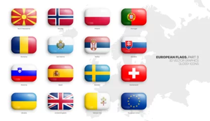 Foto op Canvas All Official Flags of European Countries 3D Vector Rounded Glossy Icons Set Isolated On White Background Part 3. Insignia of Europe Bright Vivid Colour Shiny Bulging Buttons Design Elements Collection © yamonstro