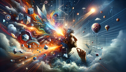 A surreal artwork depicting a man experiencing a moment of inspiration. The image includes symbolic and abstract imagery, Created by using generative AI tools