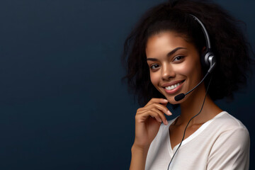 a smiling female call center helpdesk operator on solid dark blue background. ai generative - obrazy, fototapety, plakaty